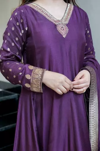 Floral embroidered silk blend v neck blue kurta trouser & dupatta set