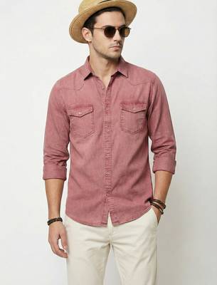 Men's solid brown denim casual shirt with dual flap pockets | regular fit | full sleeve stylish denim shirt 1