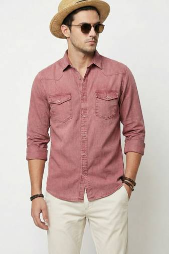 Men's solid brown denim casual shirt with dual flap pockets | regular fit | full sleeve stylish denim shirt