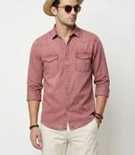 Men's solid brown denim casual shirt with dual flap pockets | regular fit | full sleeve stylish denim shirt