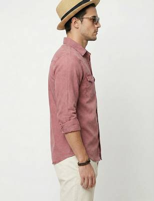 Men's solid brown denim casual shirt with dual flap pockets | regular fit | full sleeve stylish denim shirt 3