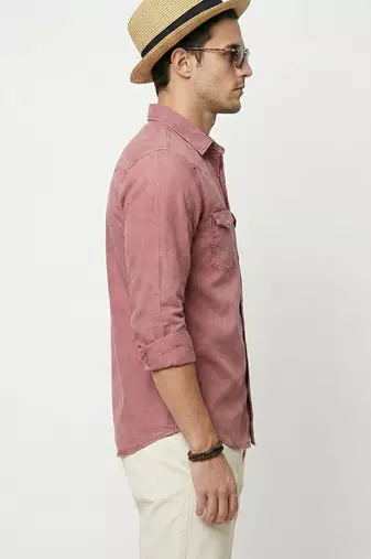 Men's solid brown denim casual shirt with dual flap pockets | regular fit | full sleeve stylish denim shirt