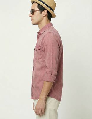 Men's solid brown denim casual shirt with dual flap pockets | regular fit | full sleeve stylish denim shirt 4