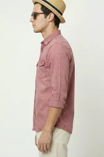 Men's solid brown denim casual shirt with dual flap pockets | regular fit | full sleeve stylish denim shirt