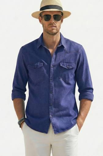 Men's solid blue denim casual shirt with dual flap pockets | regular fit | full sleeve stylish denim shirt