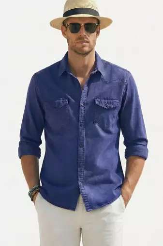 Men's solid blue denim casual shirt with dual flap pockets | regular fit | full sleeve stylish denim shirt