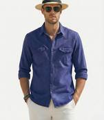 Men's solid blue denim casual shirt with dual flap pockets | regular fit | full sleeve stylish denim shirt