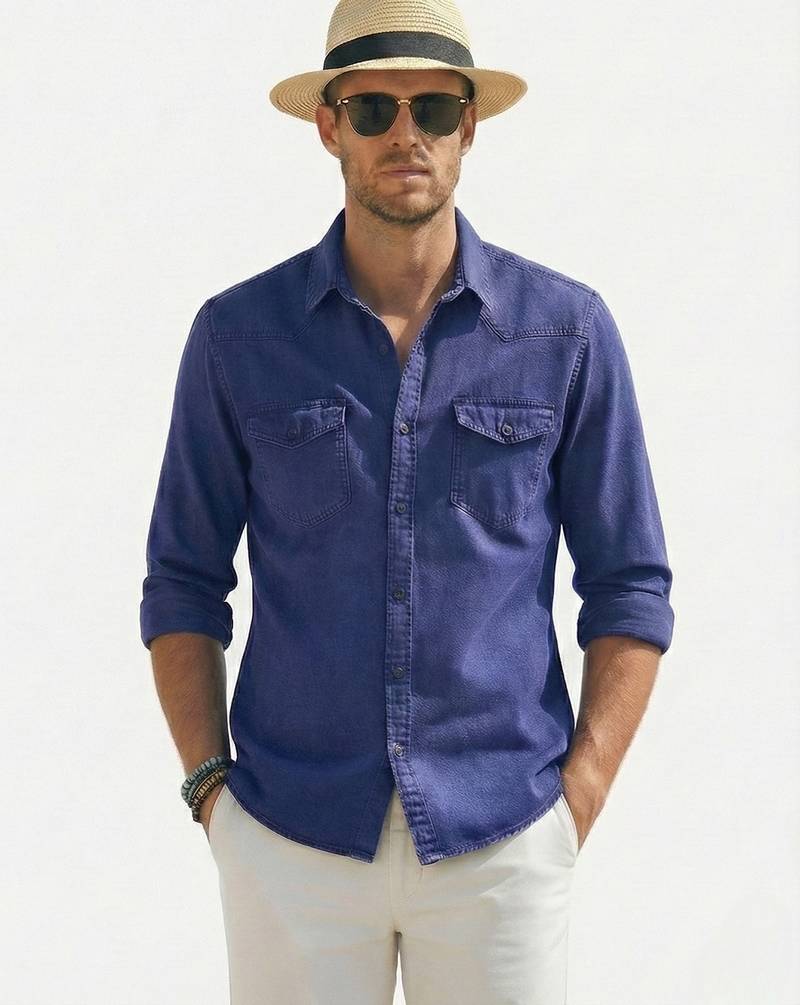 Men's solid blue denim casual shirt with dual flap pockets | regular fit | full sleeve stylish denim shirt