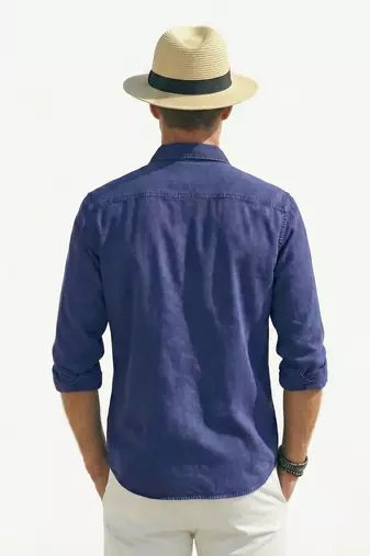 Men's solid blue denim casual shirt with dual flap pockets | regular fit | full sleeve stylish denim shirt