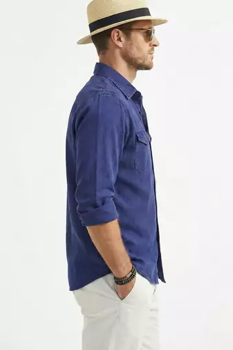 Men's solid blue denim casual shirt with dual flap pockets | regular fit | full sleeve stylish denim shirt