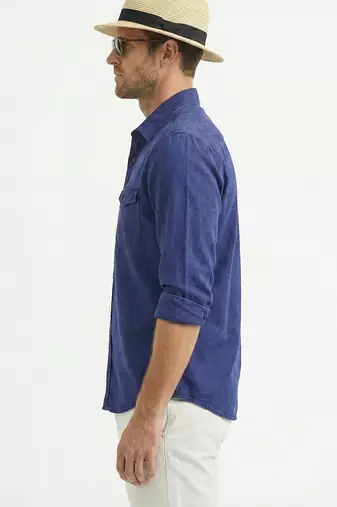 Men's solid blue denim casual shirt with dual flap pockets | regular fit | full sleeve stylish denim shirt