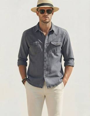 Men's solid grey denim casual shirt with dual flap pockets | regular fit | full sleeve stylish denim shirt 1