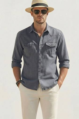 Men's solid grey denim casual shirt with dual flap pockets | regular fit | full sleeve stylish denim shirt