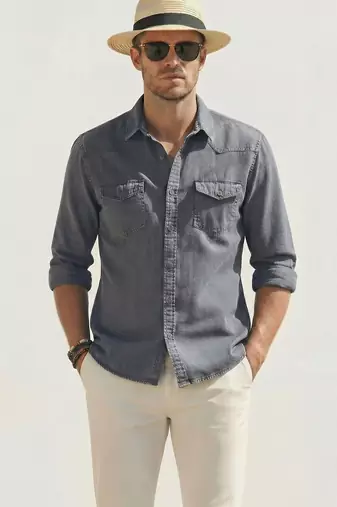 Men's solid grey denim casual shirt with dual flap pockets | regular fit | full sleeve stylish denim shirt