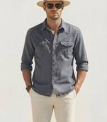 Men's solid grey denim casual shirt with dual flap pockets | regular fit | full sleeve stylish denim shirt