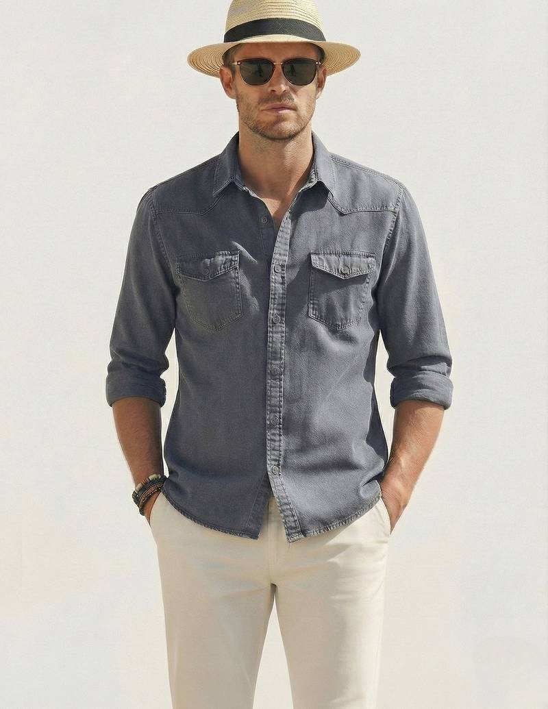 Men's solid grey denim casual shirt with dual flap pockets | regular fit | full sleeve stylish denim shirt