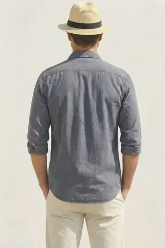 Men's solid grey denim casual shirt with dual flap pockets | regular fit | full sleeve stylish denim shirt