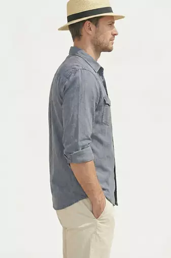 Men's solid grey denim casual shirt with dual flap pockets | regular fit | full sleeve stylish denim shirt