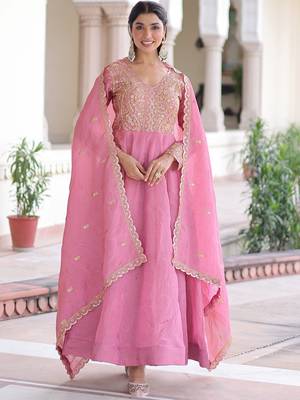 Pretty Pink Sequins Crushed Engagement Wear Gown With Dupatta 7