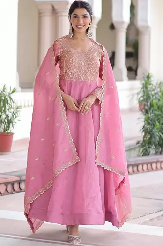 Pretty Pink Sequins Crushed Engagement Wear Gown With Dupatta