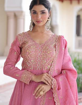 Pretty Pink Sequins Crushed Engagement Wear Gown With Dupatta 8