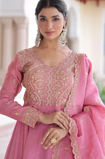 Pretty Pink Sequins Crushed Engagement Wear Gown With Dupatta