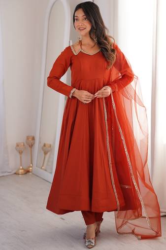 Alluring Rust Orange Lace Work Roman Silk Festive Wear Anarkali Pant Suit