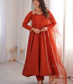 Alluring Rust Orange Lace Work Roman Silk Festive Wear Anarkali Pant Suit