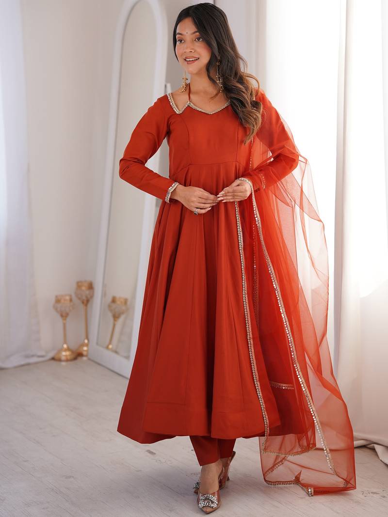 Alluring Rust Orange Lace Work Roman Silk Festive Wear Anarkali Pant Suit