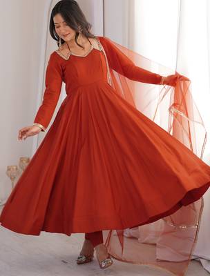 Alluring Rust Orange Lace Work Roman Silk Festive Wear Anarkali Pant Suit 3