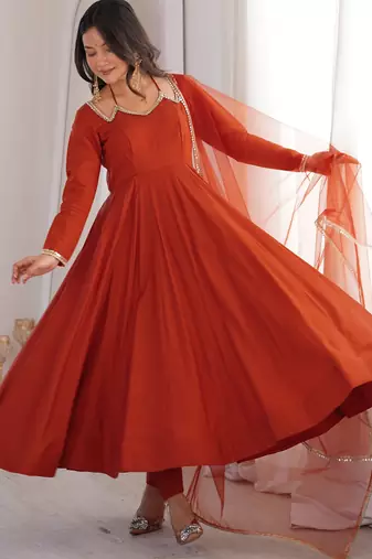 Alluring Rust Orange Lace Work Roman Silk Festive Wear Anarkali Pant Suit