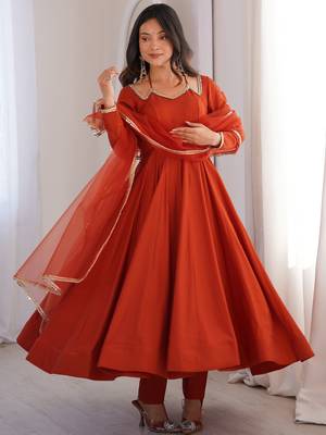 Alluring Rust Orange Lace Work Roman Silk Festive Wear Anarkali Pant Suit 4