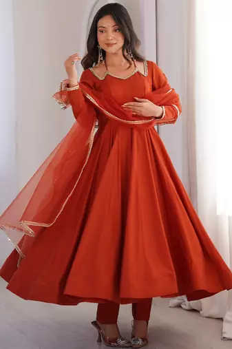 Alluring Rust Orange Lace Work Roman Silk Festive Wear Anarkali Pant Suit