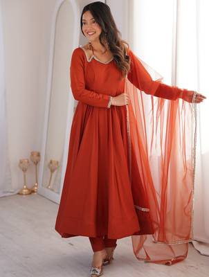 Alluring Rust Orange Lace Work Roman Silk Festive Wear Anarkali Pant Suit 5