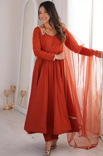 Alluring Rust Orange Lace Work Roman Silk Festive Wear Anarkali Pant Suit