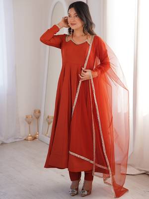 Alluring Rust Orange Lace Work Roman Silk Festive Wear Anarkali Pant Suit 6