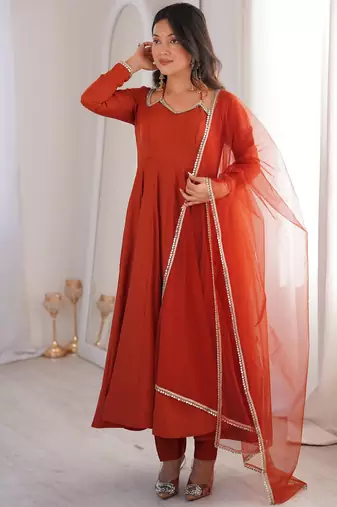 Alluring Rust Orange Lace Work Roman Silk Festive Wear Anarkali Pant Suit