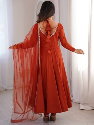 Alluring Rust Orange Lace Work Roman Silk Festive Wear Anarkali Pant Suit 7