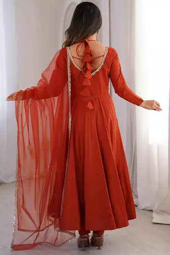 Alluring Rust Orange Lace Work Roman Silk Festive Wear Anarkali Pant Suit