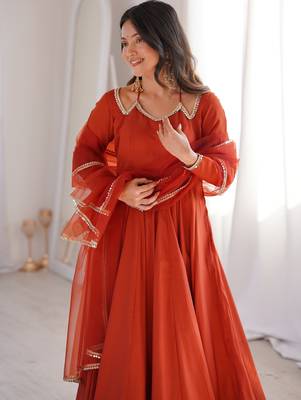 Alluring Rust Orange Lace Work Roman Silk Festive Wear Anarkali Pant Suit 8