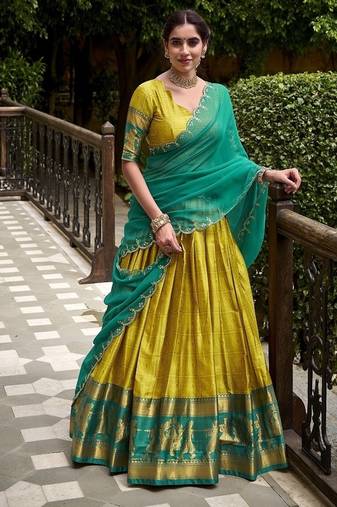 Traditional Yellow Poly Cotton Half Saree With Zari Weaving Work Lehenga Choli