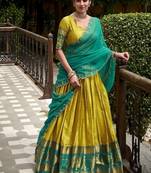 Traditional Yellow Poly Cotton Half Saree With Zari Weaving Work Lehenga Choli