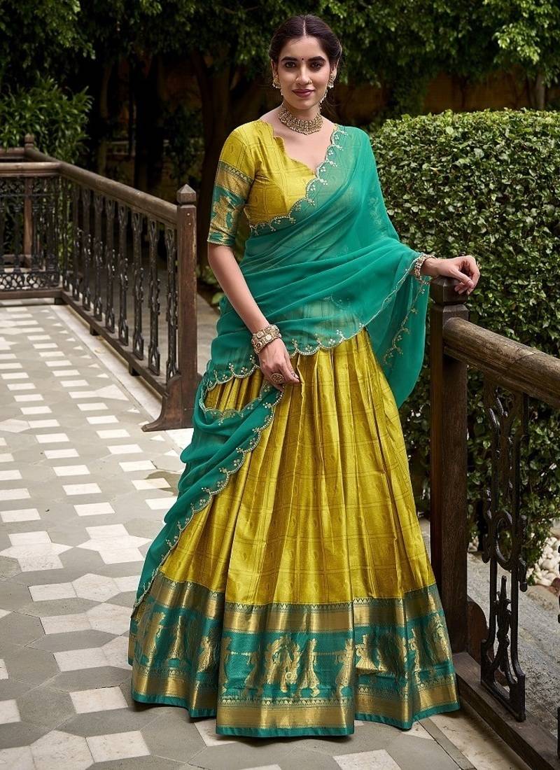 Traditional Yellow Poly Cotton Half Saree With Zari Weaving Work Lehenga Choli