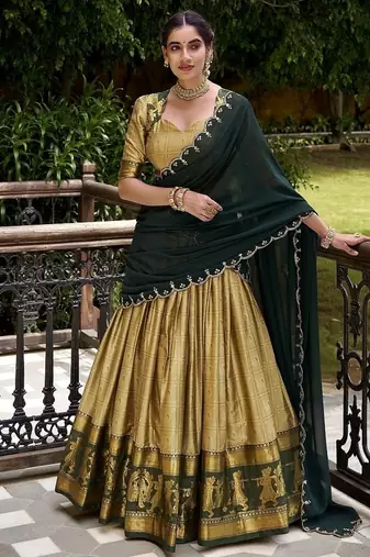 Traditional Cream Poly Cotton Half Saree With Zari Weaving Work Lehenga Choli
