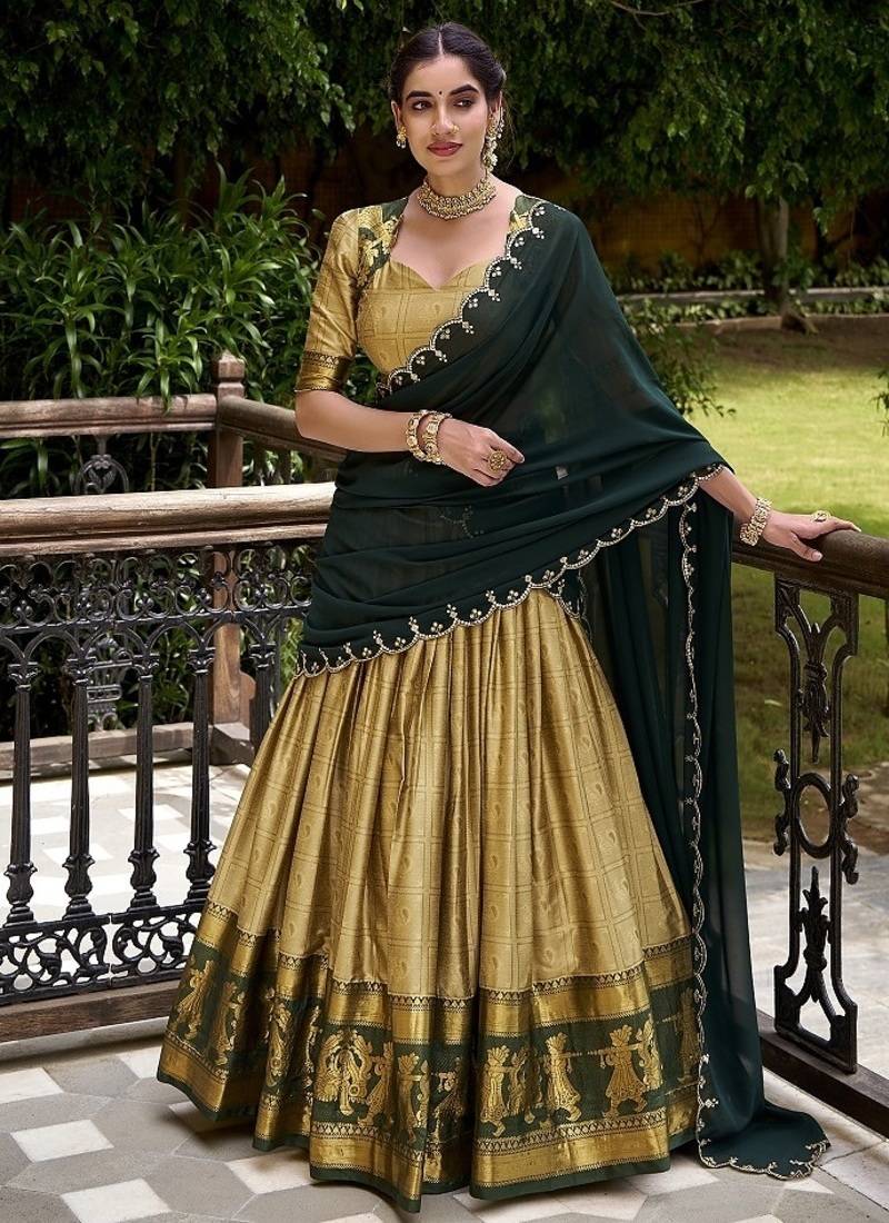 Traditional Cream Poly Cotton Half Saree With Zari Weaving Work Lehenga Choli