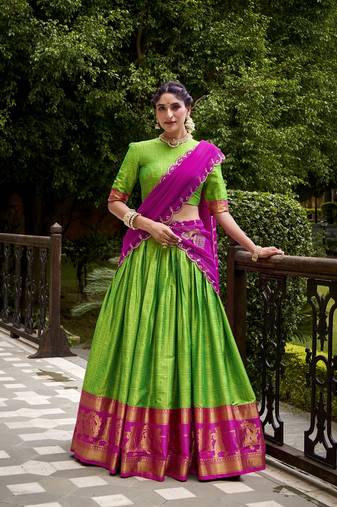 Traditional Perrot Poly Cotton Half Saree With Zari Weaving Work Lehenga Choli