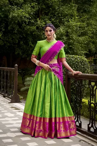 Traditional Perrot Poly Cotton Half Saree With Zari Weaving Work Lehenga Choli