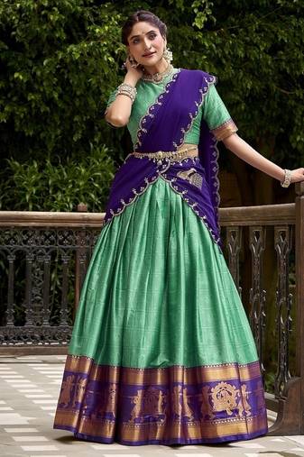 Traditional Bottlegreen Poly Cotton Half Saree With Zari Weaving Work Lehenga Choli