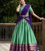 Traditional Bottlegreen Poly Cotton Half Saree With Zari Weaving Work Lehenga Choli