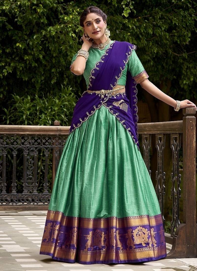 Traditional Bottlegreen Poly Cotton Half Saree With Zari Weaving Work Lehenga Choli